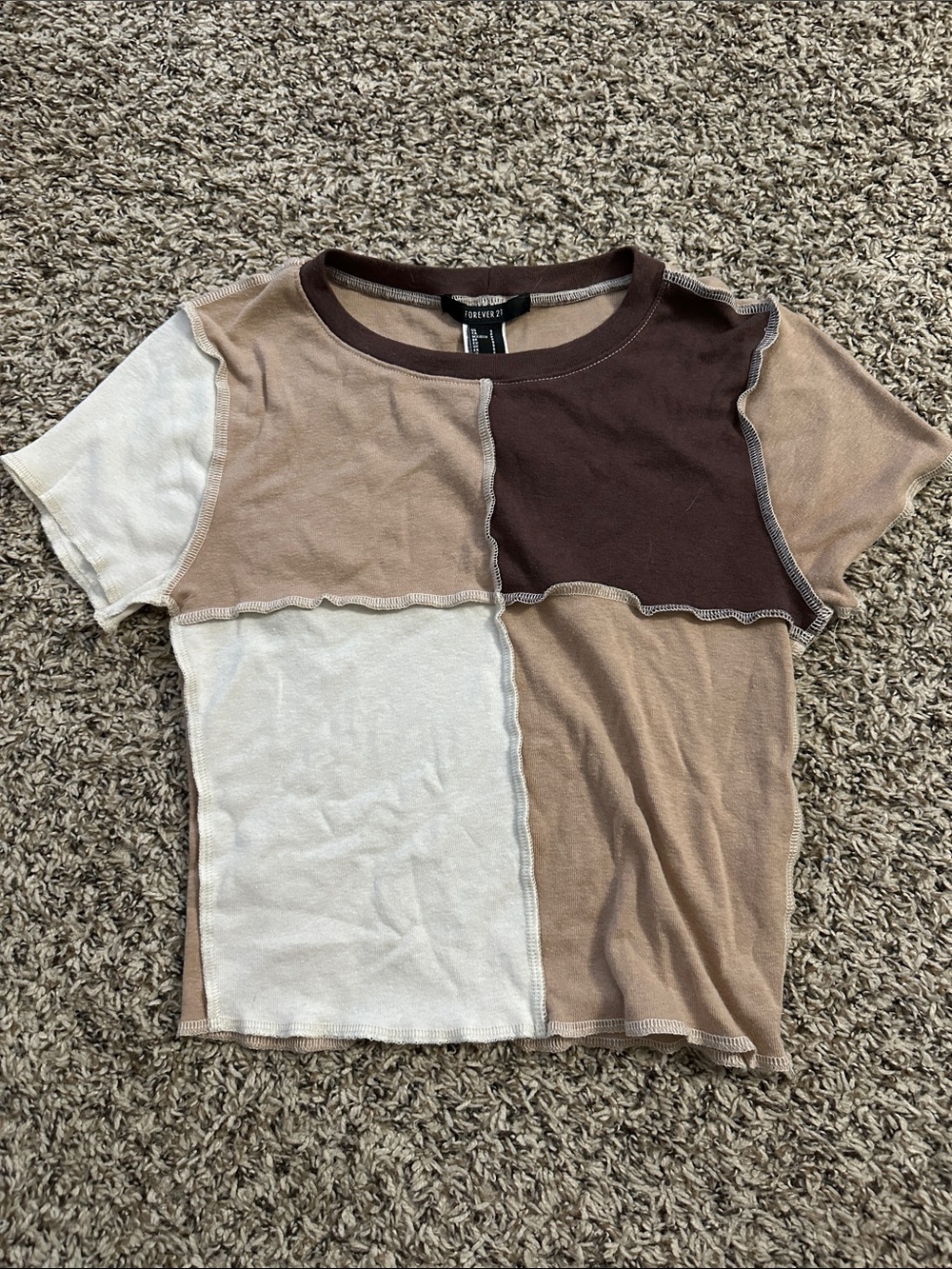 Forever 21 Girls Patchwork Short Sleeve Tee - Brown, Tan & Cream